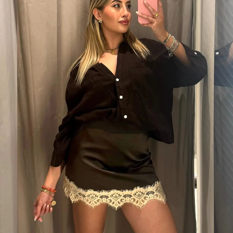 Women's Skirt With Lace Black High-Waisted Skirt Pants Summer Side Zipper Slim-Fitted Mini Skirt Women's Fashion Party Skirt