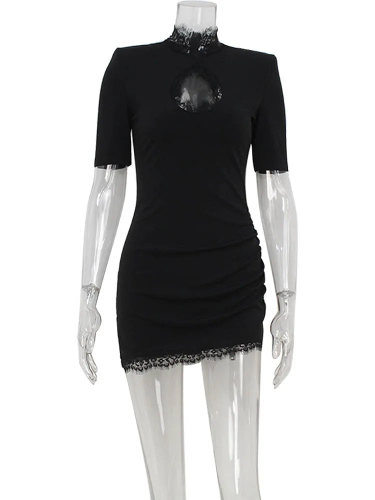 Huhugirl Lace Patchwork Hollow Out Bodycon Sheath Dress High Collar Women
