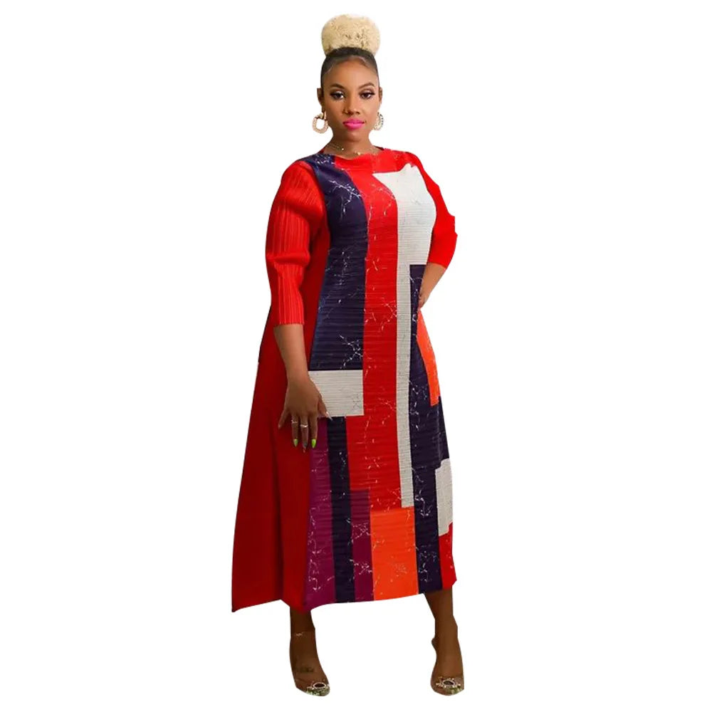 African Dresses for Women Summer Fashion Style African 3/4 Sleeve Polyester O-neck Pleated Dress Dashiki African Clothes Women