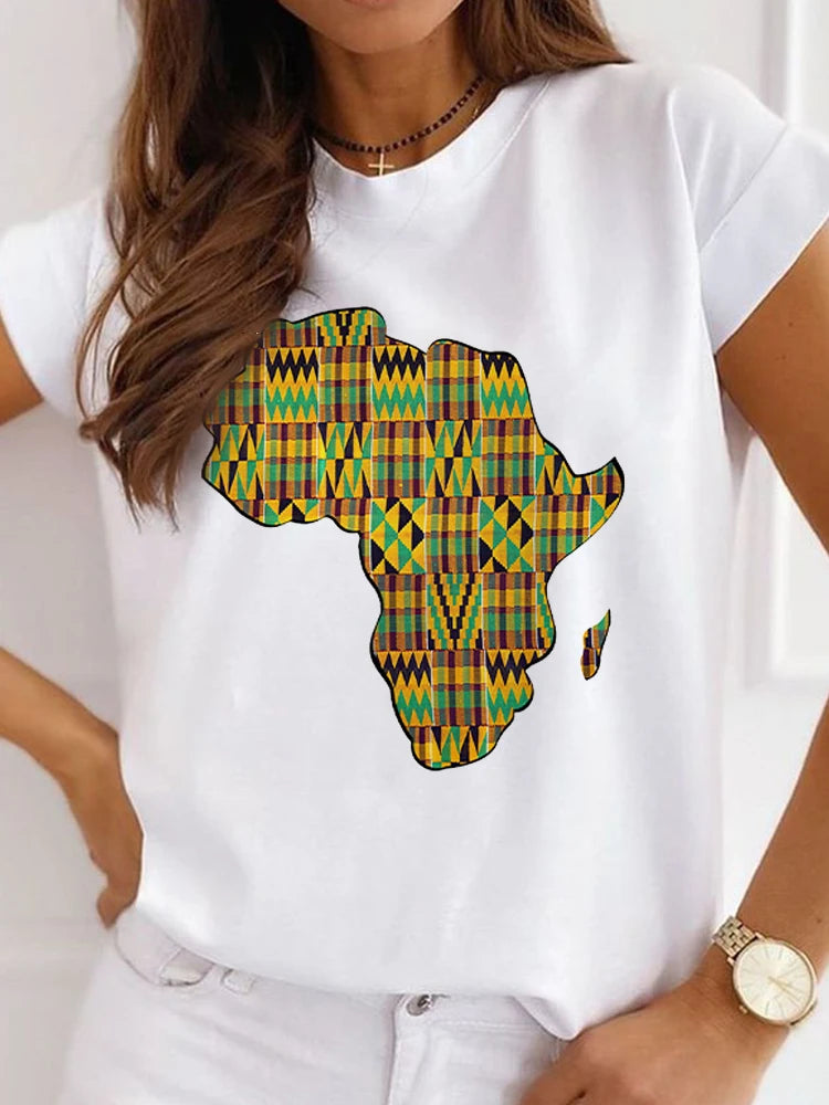 New African Funny Ladies Clothes Casual Short Sleeve Tshirt T Shirt O-neck Loose Summer White Tee Top Print Camisetas De Mujer