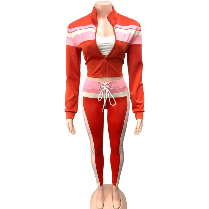 Fashion Women Tracksuit Streetwear 2piece Set Color Block Long Sleeve Zipper Jacket and Pants Sporty Fitness Gym Two Piece Sets