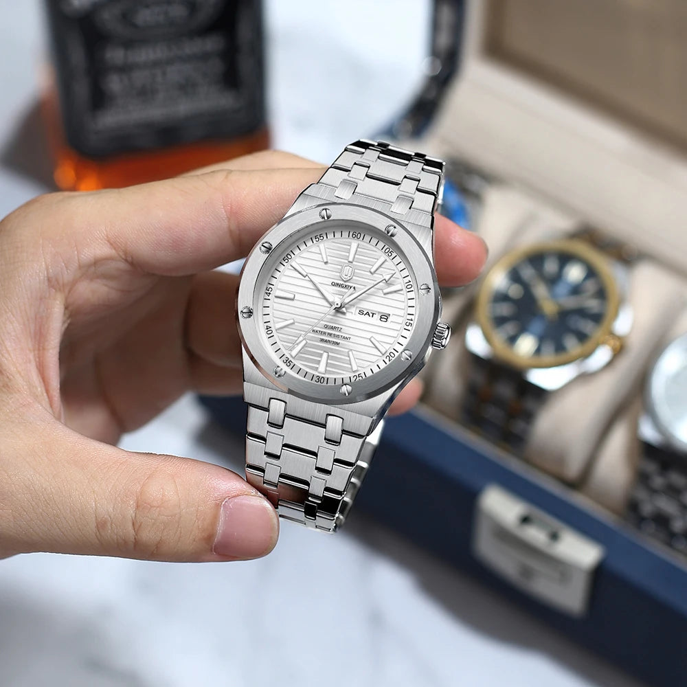 QINGXIYA New Mens Quartz Watches Top Brand Luxury Week Date Man Wristwatch Stainless Steel Waterproof Luminous Sports Men Watch