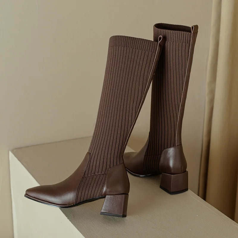 Women Knee-High Sock Boots 2022 New Fashion Knitting Stretch Cloth PU Stitching Long Boots Female Square Toe High Heels