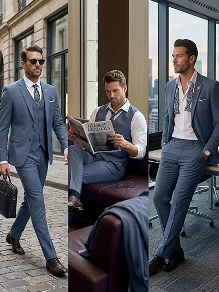 Men's Suit 3 Piece Set Blazer Vest Pants Slim Fit Formal Business Jacket Wedding Tuxedo for Groom Groomsman Business Banquet