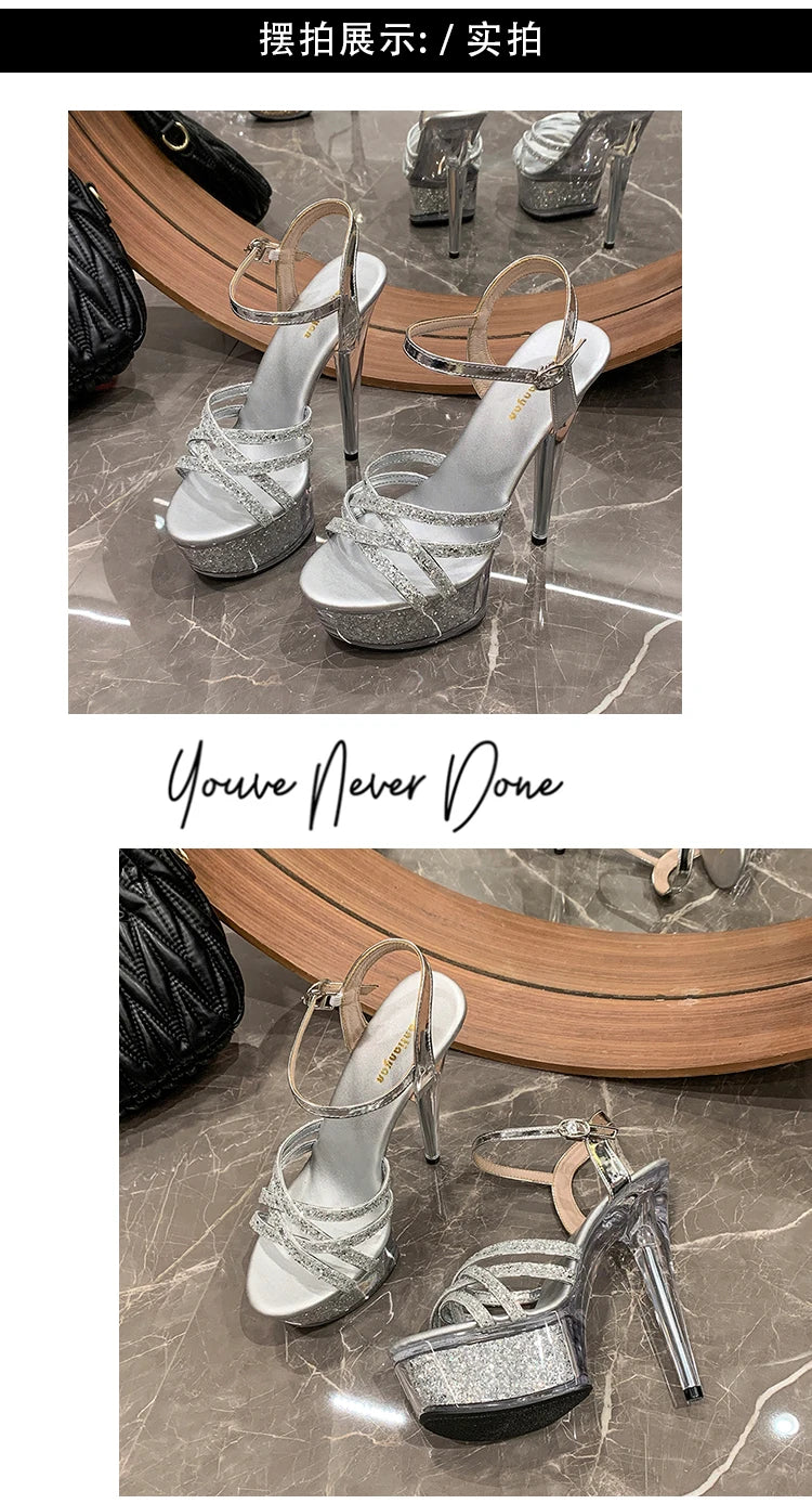 2024 New Women Narrow Band Sandals Transparent Platform High Heels Summer 15CM Stiletto Heels Silvery Sequin Wedding Dress Shoes
