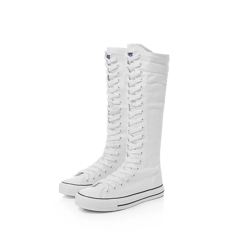 New Women's Canvas Boots Zip Shoes Comfortable Womens Shoes Flat High-top Female Sneakers Lace-up Knee-high Boots Bota Feminina