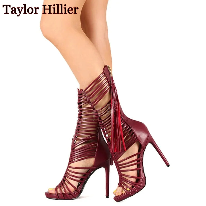 Black Hollow Tassel Mid-Calf Boots Open Toe Stiletto Back Zipper High Heels Sexy Party Plus Size Dress Women'S Sandals Summer 46