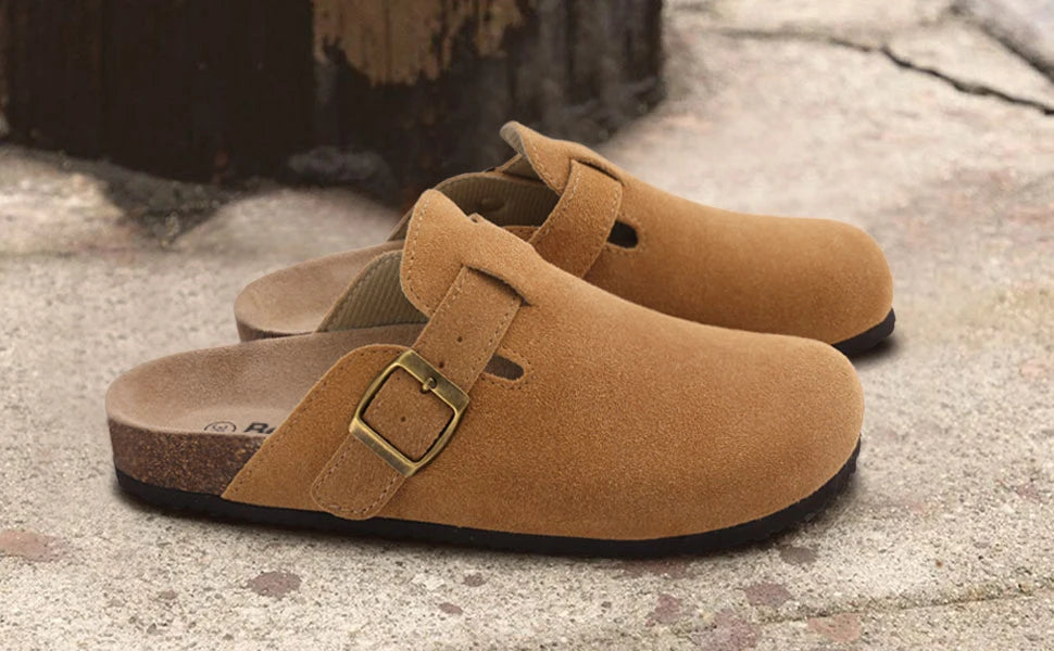 Evshine Men' s Cork Suede Mules with Arch Support Classic Potato Shoes Cozy Cork Footbed Clogs Slippers Men Fashion Beach Sandal