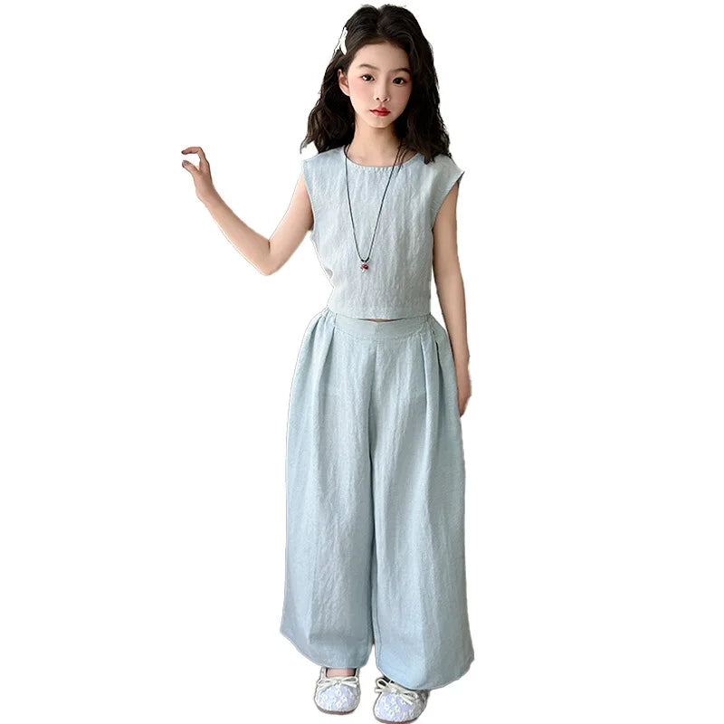 Vest Suit Solid Color Simple Casual Loose All-match 2025 Summer New Fashion Vest Wide Leg Pants Two Piece Set