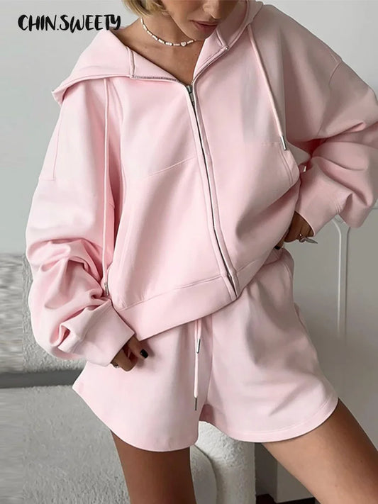 Fashion Women's Hoodie Shorts Pants Long Sleeve Pocket Lace Up Short Pants Lady Set 2025 Summer Autumn Casual 2 Piece Set Women