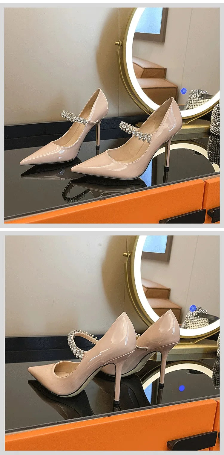 Spring 2025 New French Rhinestone Pointed White High Heels Temperament Patent Leather Shoes Women Wedding Pumps