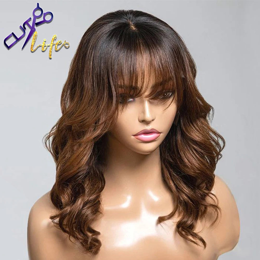 HD Lace Pretty Ombre Brown Body Wave Wig With Bangs 7x5 HD Lace Glueless Wig Cheap Human Hair 4x4 5x5 Invisi HD Glueless Wigs