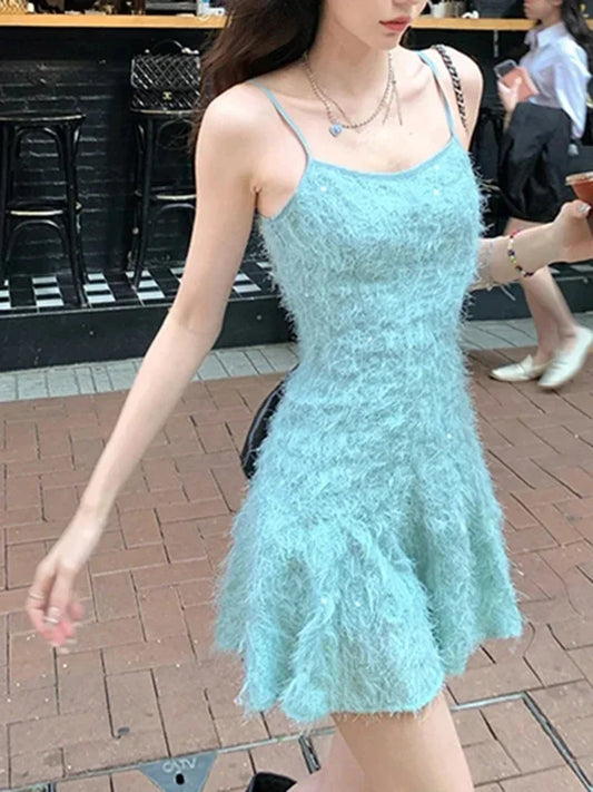 Vintage Beach Style Korean Fashion Clothing Sexy Y2K Mini Dress Women Casual Pure Color Elegant Dress Female Even Party