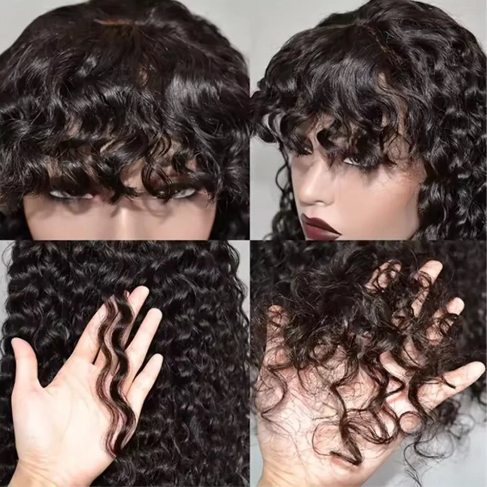 Water Wave Brazilian Human Hair Wig With Bangs Wear And Go Full Machine Made Wigs for Black Women Deep Wave Curly Wigs Glueless