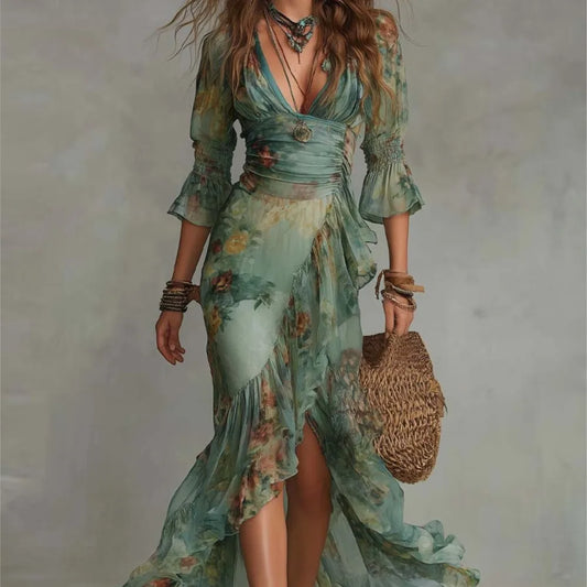Sexy Elegant Dress For Spring Summer Retro Bohemian Print Holiday Style V-neck Lotus Leaf Sleeve Pleated Slit Irregular Dresses