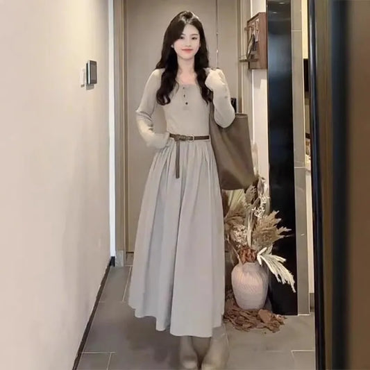 Women's Light Khaki Long Sleeve Maxi Dress Square Neck Button Decor Belted Waist Elegant Casual Daily Wear Flowy Long Dress