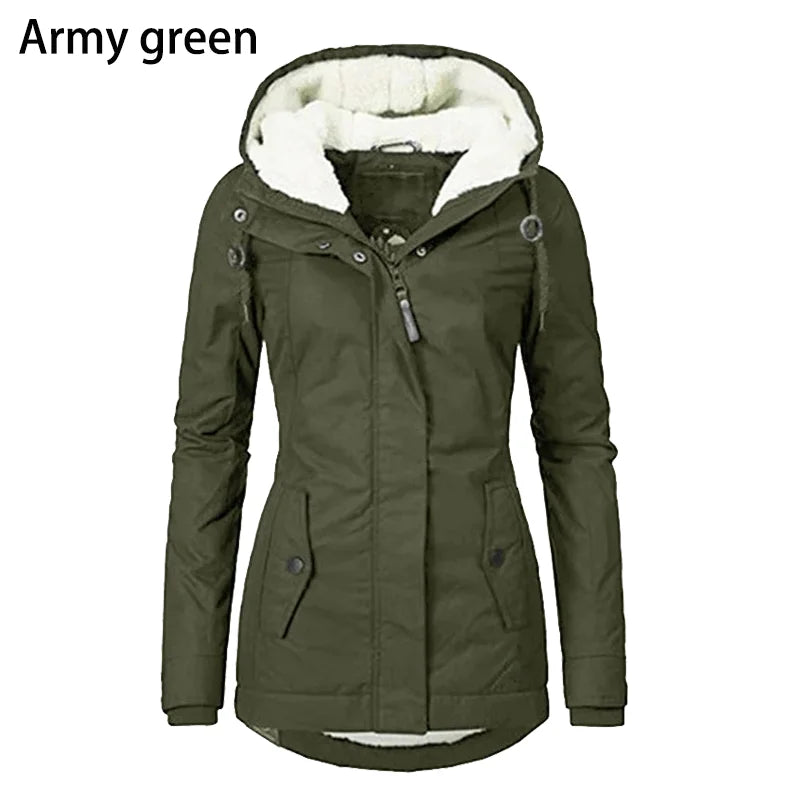 Winter warm coat Women's solid plush thickened jacket Outdoor hiking hooded windproof parka coat
