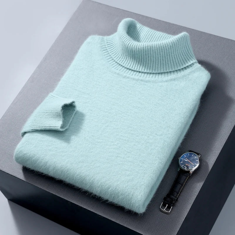 Men's 100% Mink Cashmere Sweater High Lapel Thick Knitted Pullover Casual Large Size Middle-Aged Sweater Autumn Winter New Tops