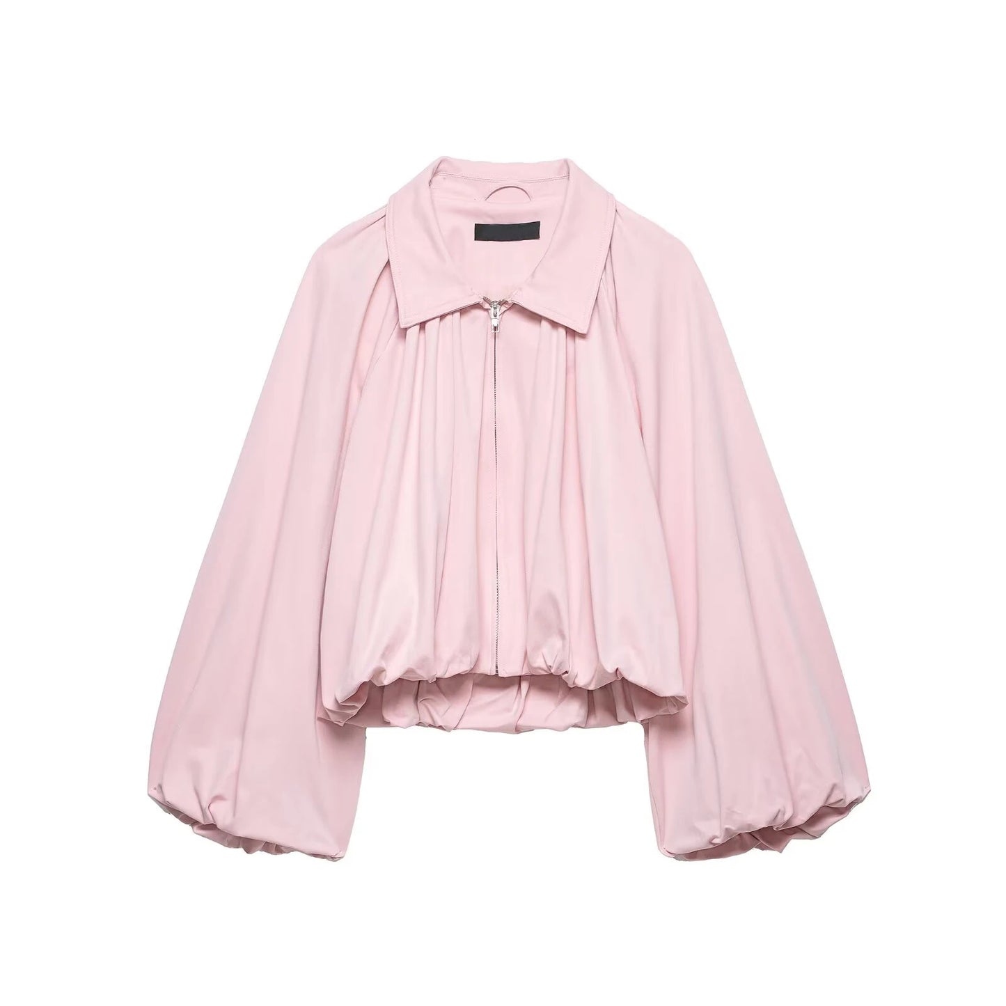 YENKYE New 2026 Women Pink Puff Sleeve Pleated Bomber Jacket Front Zipper Casual Loose Crop Coat