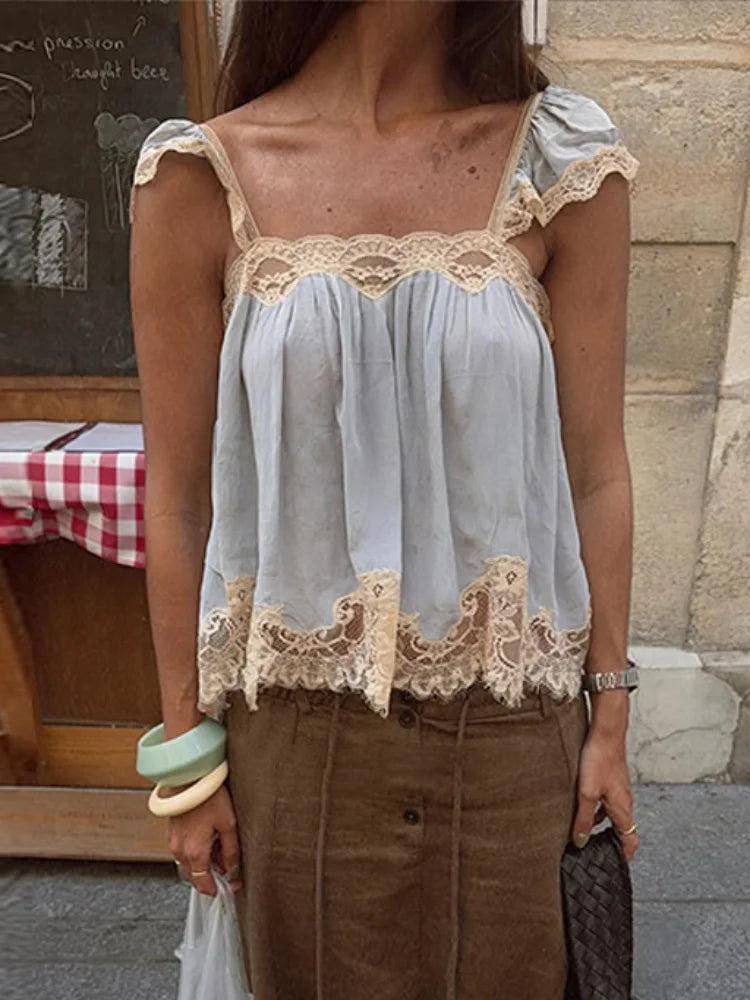 Lace Spliced Square Neck Spaghetti Strap Blouse Loose Fit Cropped 2026 Summer Women Chiffon Top Causal Delicate Lady Blusa