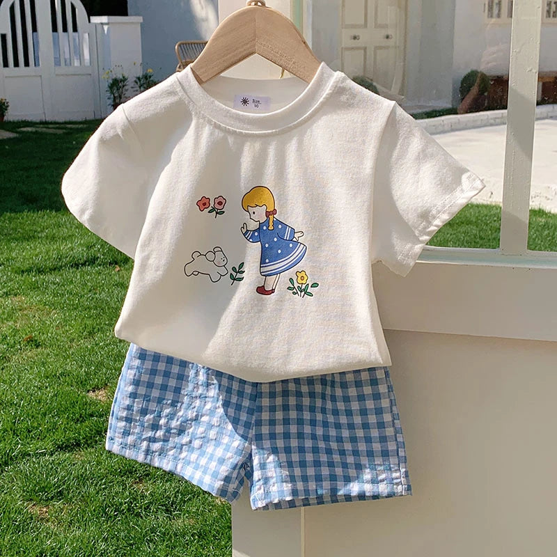 T-shirt + Plaid Shorts Outfits For Kids Summer Clothing Fashion Casual Short Sleeve Suit Children's Wear 2 Piece Set Girls Boys