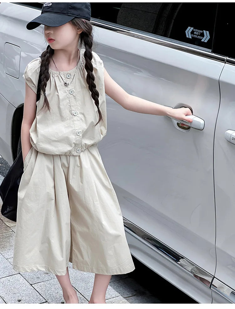 2025 Girls Summer Casual Outfit Big Kids Short Sleeve Top Capris Pants Two Piece Set Matching Big Kids Fashion Suit Holiday Wear