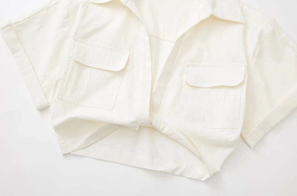 Women Fashion Front Knot Elastic Linen Cropped Shirts Vintage Short Sleeve Patch Pockets Female Blouses Blusa Chic Tops