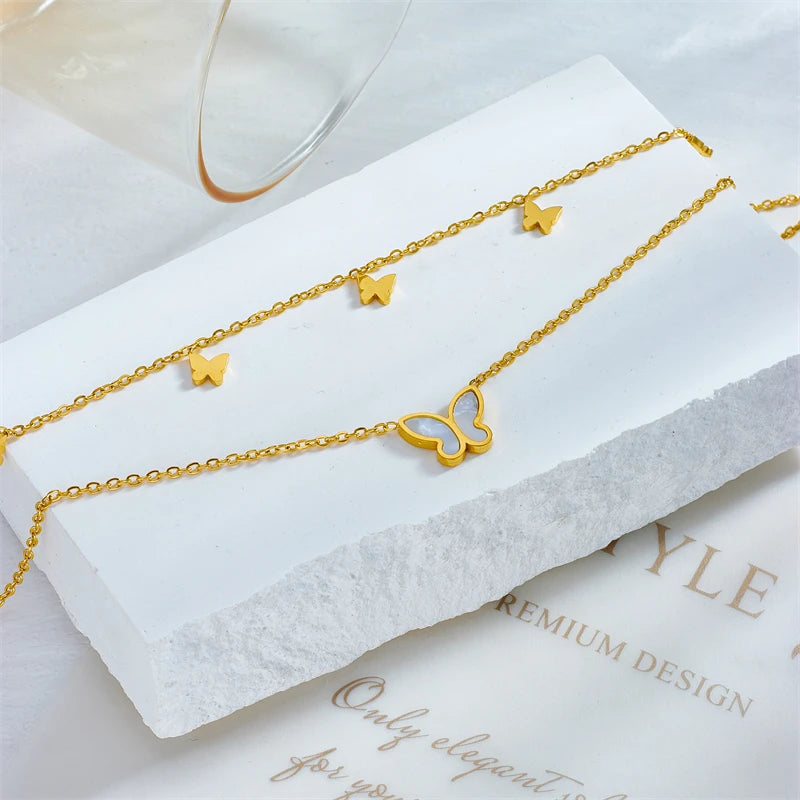 DIEYURO 316L Stainless Steel 2-Layer Butterfly Charm Anklets For Women Girl New Fashion Leg Chain Non-fading Jewelry Gift Party