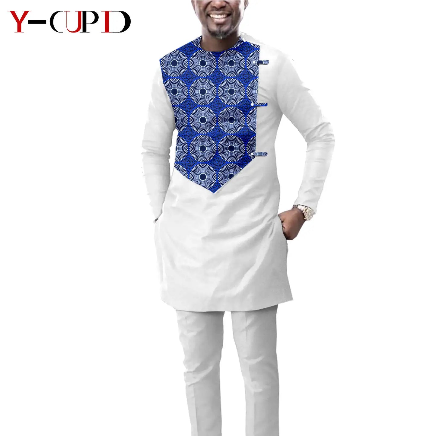 African Print Dresses for Women with Headwrap Matching Couple Outfits Dashiki Men Long Sleeve Pathwork Top and Pant Sets Y23C004