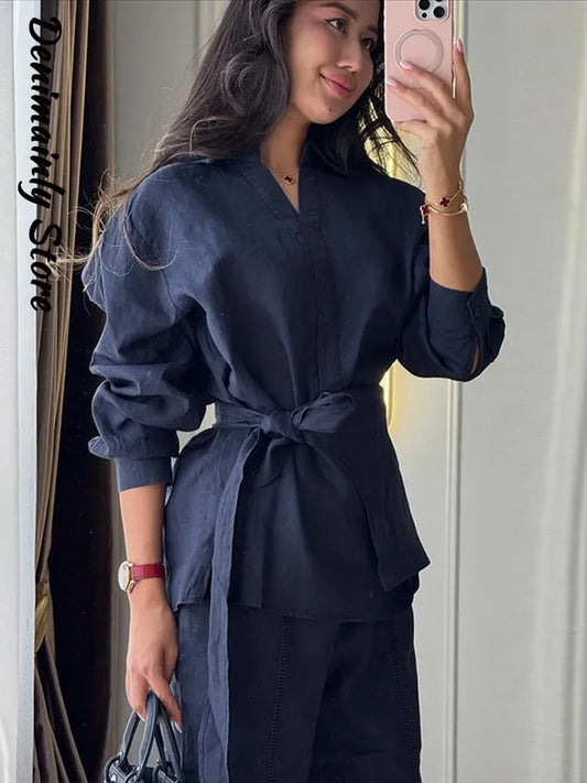 Casual Women's Linen Pants Set 2 Pieces Loose Lace Up Lapel Buttons Shirt Wide Leg Pant 2026 Spring Summer Lady Holiday Suits