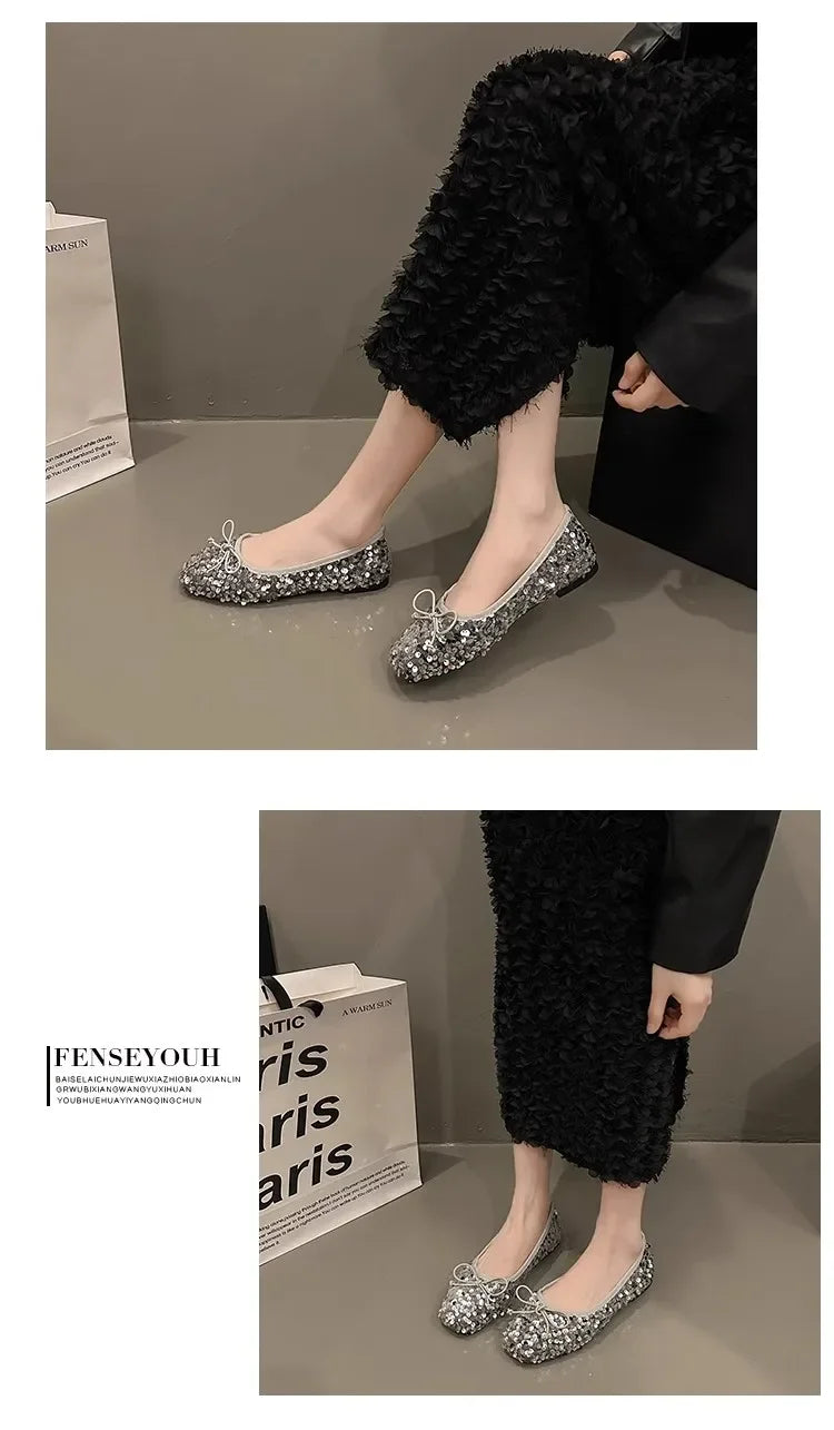 Shoes for Women 2026 New Sequin Design Women's Flat Shoes Soft Non-slip Ballet Shoe Women Work Shoes Comfortable for Work