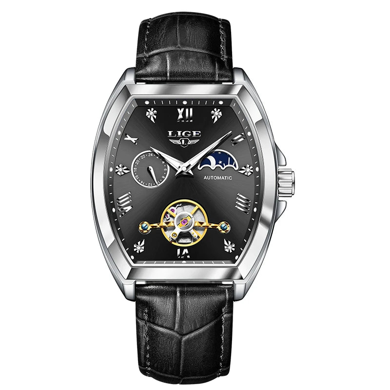 LIGE Luxury Mens Rectangular Dial Mechanical Watches Waterproof Leather Automatic Luminous Watch Business Men relogios masculino