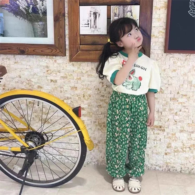 Baby Sets Girls Cute Suit Summer New Outfit Kids Short Sleeve   Cartoon T-Shirt Floral Pants 2-Piece Children Casual Clothing
