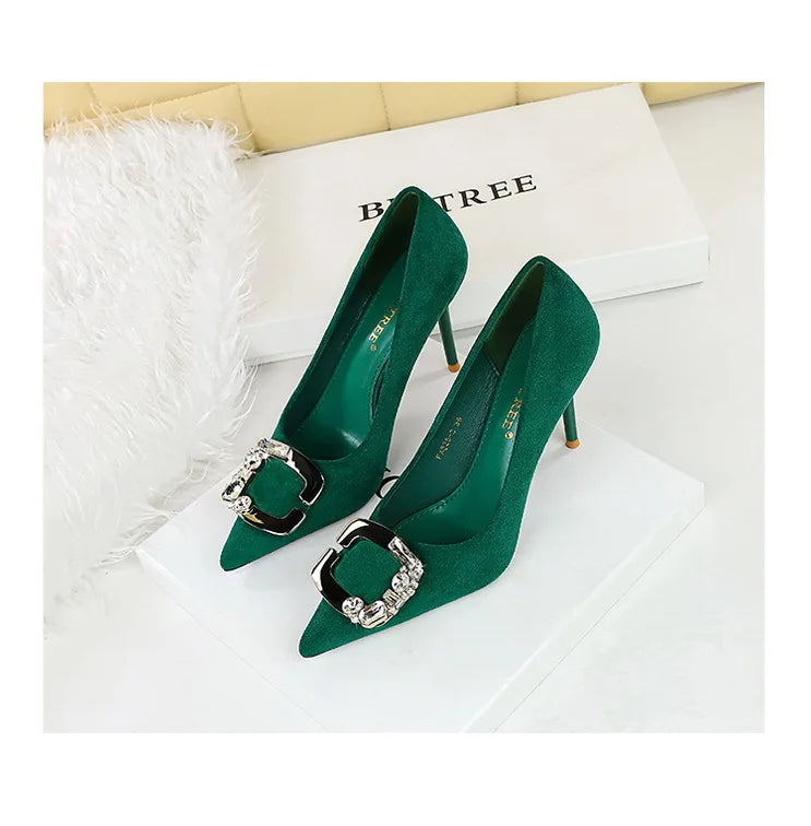 BIGTREE Shoes Metal Rhinestone Belt Buckle Women Pumps Suede High Heels Luxury Banquet Shoes Sexy Party Shoes Women Stilettos