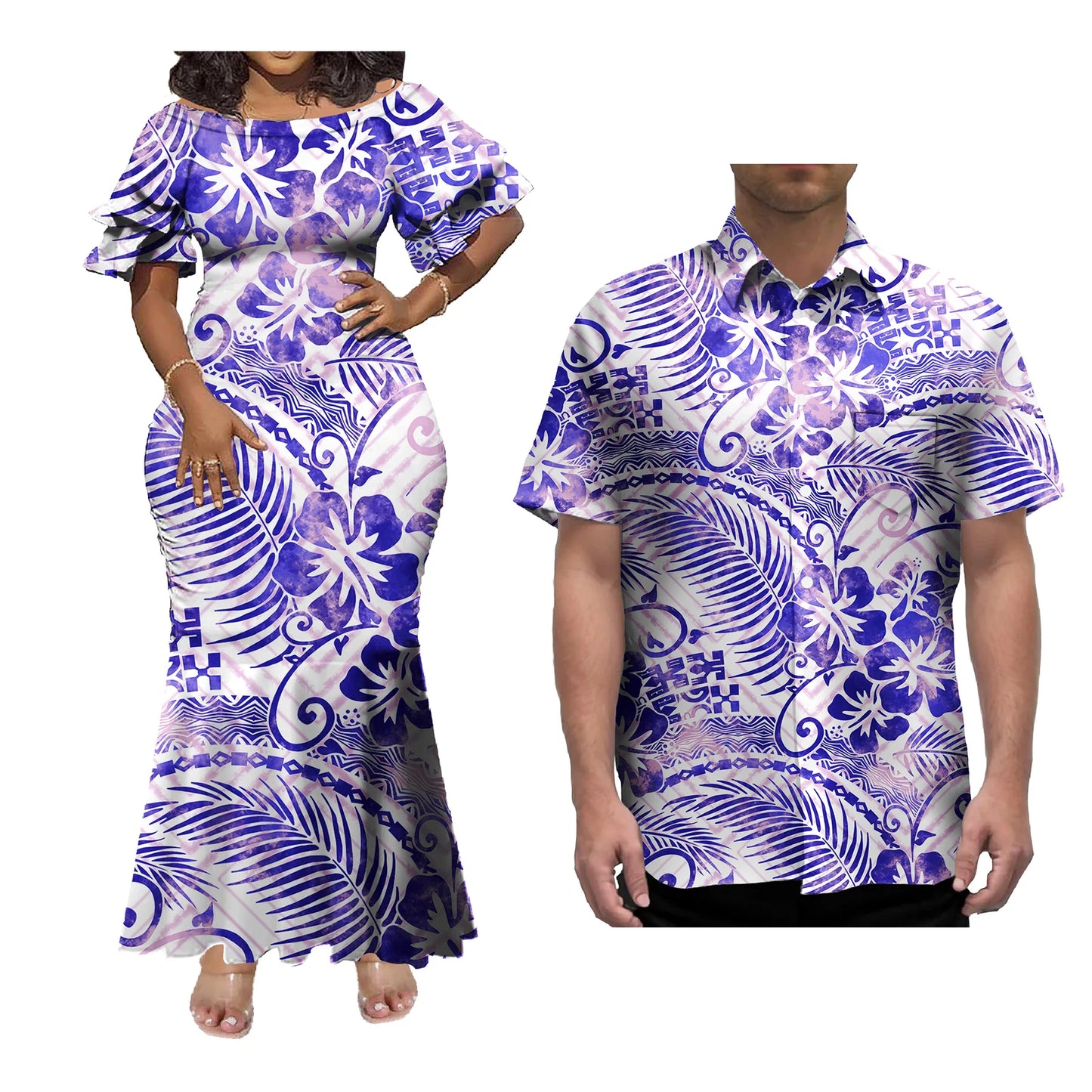 Mermaid Dress And Buttons Shirt Polynesian Couple 2 Pcs Set Plus Size Party Samoan Puletasi Matching Couple Outfits