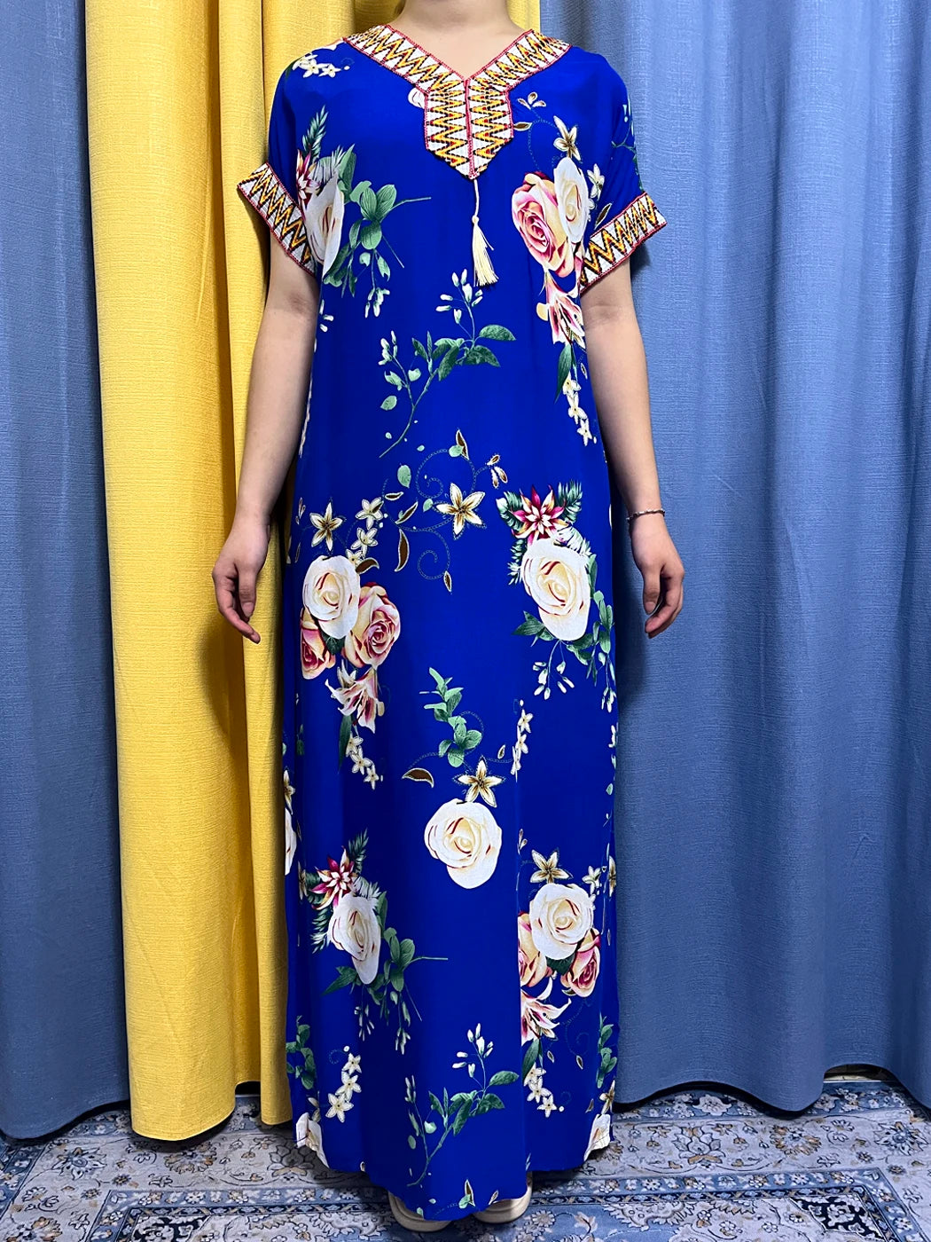 Abayas For Women 2023 Dubai  Fashion Printed Flower Cotton V-neck Slim Fit Short Femme Robe African Woman Dresses With Headscarf