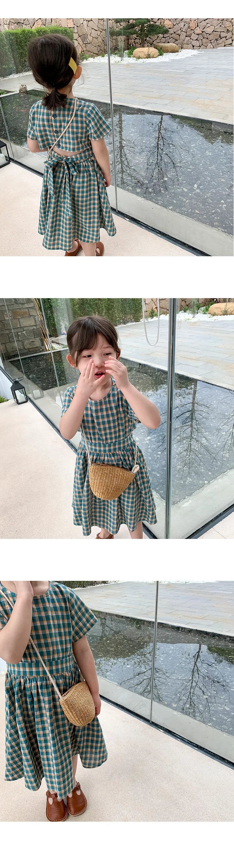 Summer Casual Baby and Girls Cotton Plaid Single-Breasted Short-Sleeved Lace Up Back Dress Kids Lovely Outfit Clothing 2-8 Years