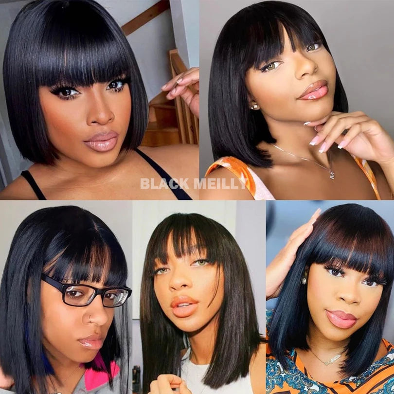 14inch Straight Bob Wig with Bangs Human Hair Realistic Transparent Silk Base Full Lace Short Black Bob Wigs Blunt Cut Bob Wig