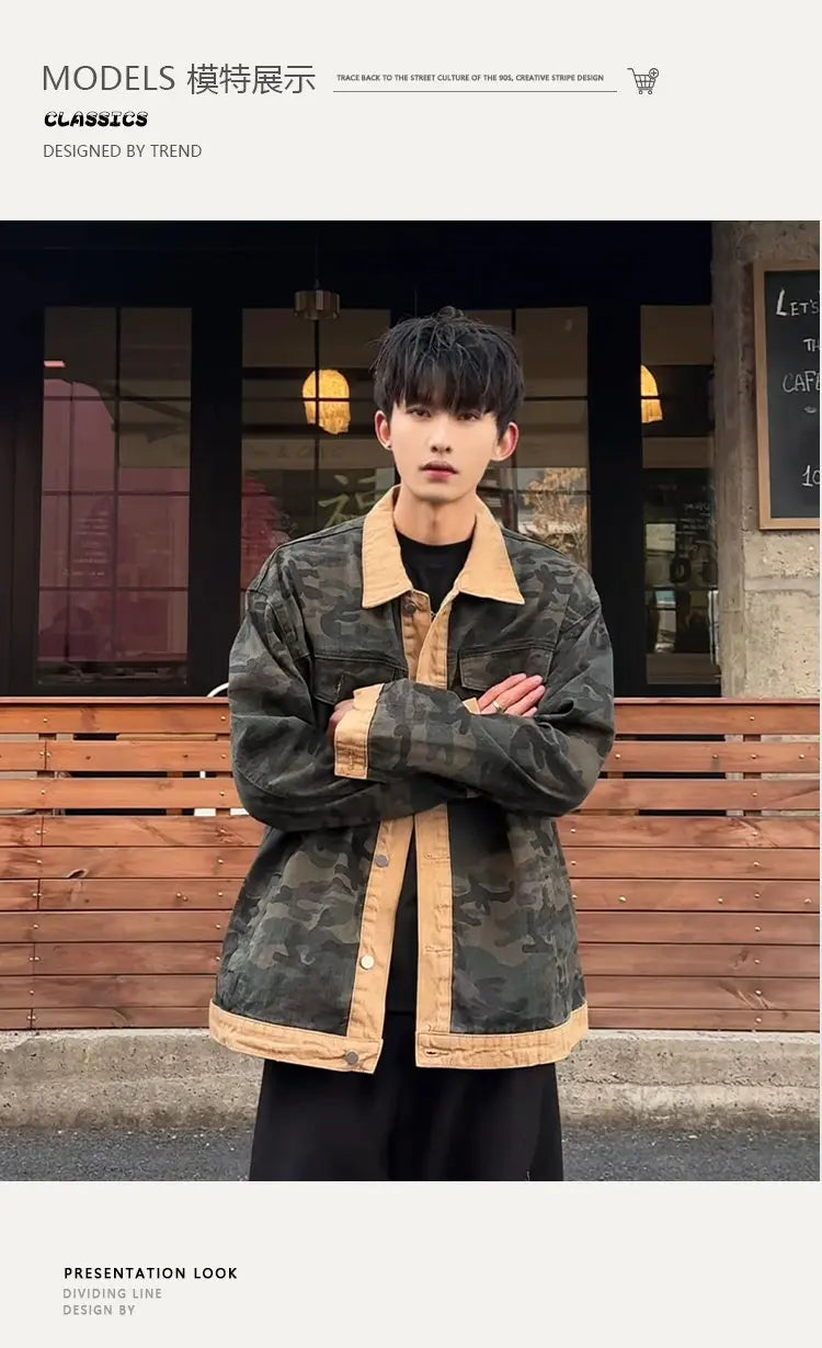 Men's Camouflage Denim Jacket Autumn Washed Turn down Collar Single-Breasted Long Sleeve Loose Fit Vintage Workwear Street Style