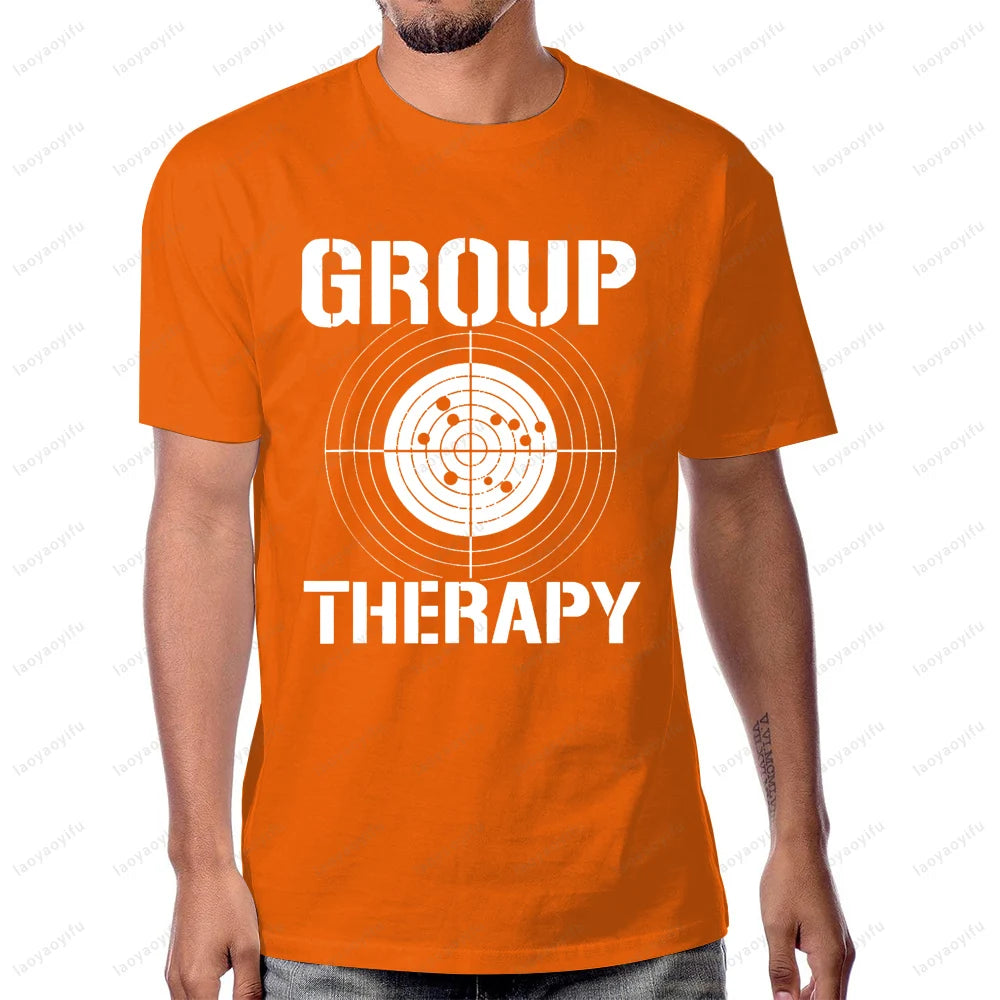 Group Therapy Shooting  Funny Gun Graphic T-Shirt Casual Fashion Loose Harajuku Man Tshirt Hip Hop Summer Short Sleeve Women Tee