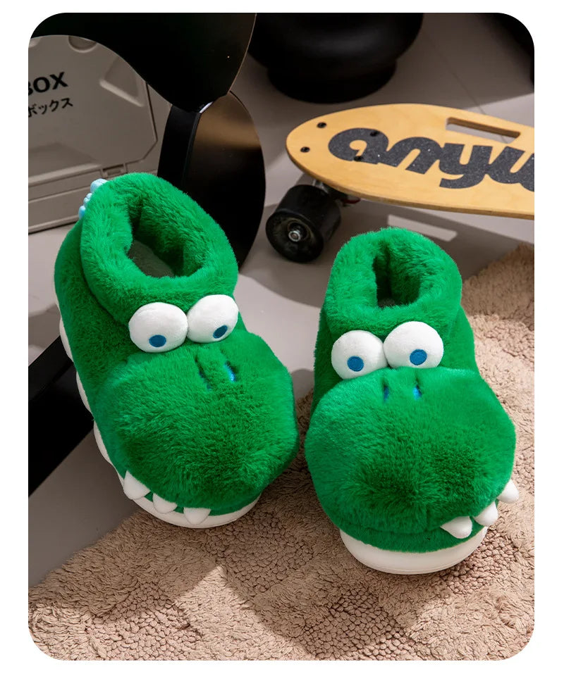 Unisex Men's Cartoon Animal Furry Bedroom Boot Shoes Warm Novelty Outdoor Slipper with Grippers New Adults Fun Alligator Slipper