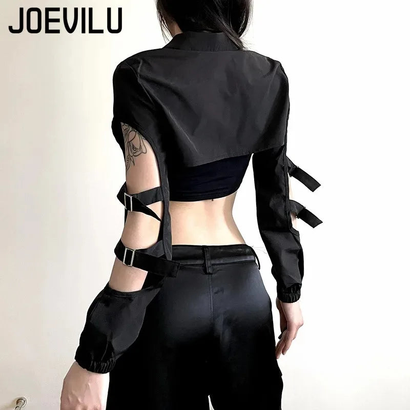 JOEVILU Women's Cyberpunk Goth Harajuku Crop Tops Long Sleeve Hollow Out Zipper T Shirt Y2K Grunge Streetwear Jacket for Dancing