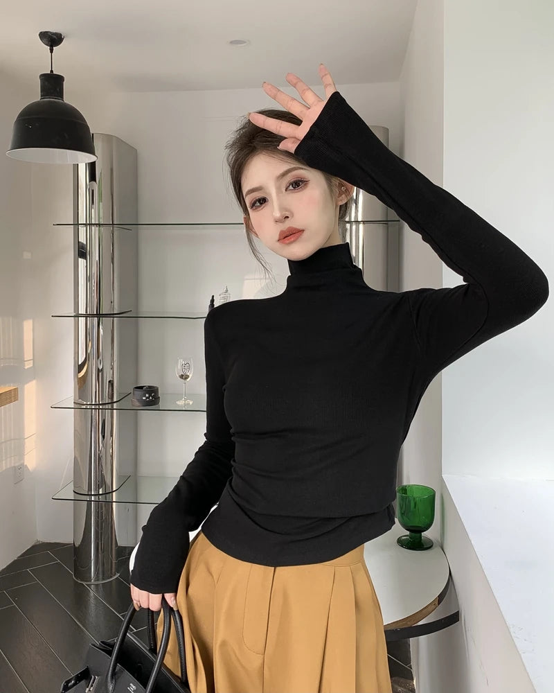 Warm Fce Lined High Collar Long Sve Base irt Women's Faionable Retro Versatile High Ne Base irt Trendy Commute ...