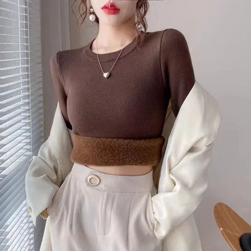 Women's O-neck Velvet Thicken Sweaters Winter Slim Warm Long Sleeve Knitted Tops Casual Plush Fleece Lined Soft Pullovers Ladies