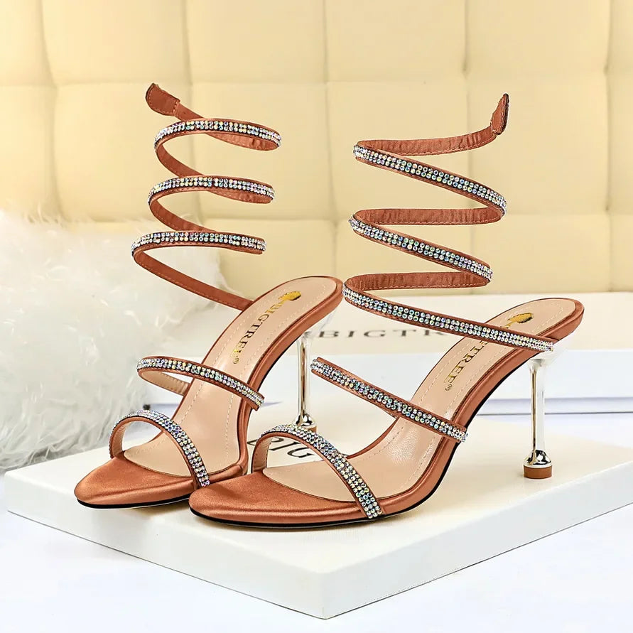 Summer Women 8.5cm High Heels Nightclub Silk Rhinestone Sandals Crystal Ankle Cross Strap Sandles Sexy Strange Gladiator Shoes