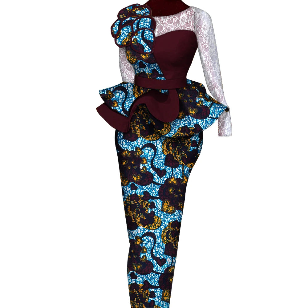 African Skirt Sets Women Suit Long Straight Skirts and Tops with Lace Decoration Bazin Riche Traditional African Clothing WY6195