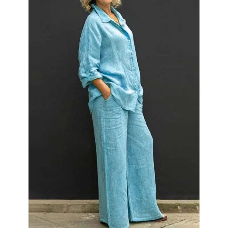 Spring Summer Women Lapel Long Sleeve Shirt High Waist Wide Leg Pants Set
