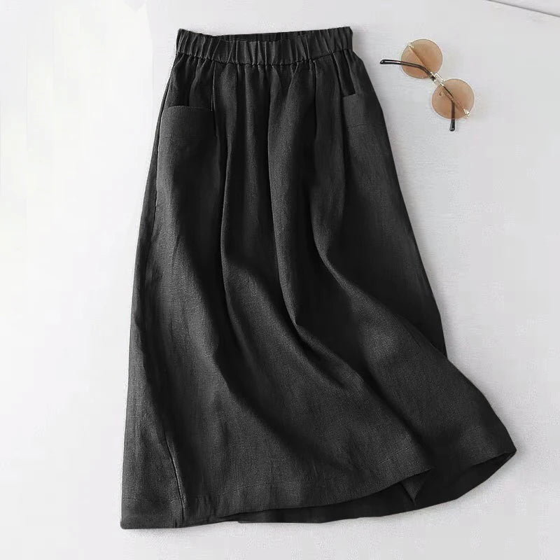 ZANZEA Women A Line Cotton Skirt Elastic Waist Midi Skirt Solid 2024 Summer Korean Side Pockets Falda Saias Casual Holiday Jupe