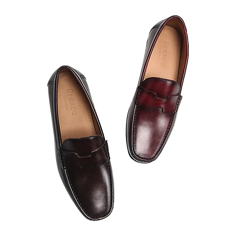 Men's High-End Genuine Leather Loafers Comfortable Flat Casual Glossy Wine Red Handmade Office Banquet Shoes