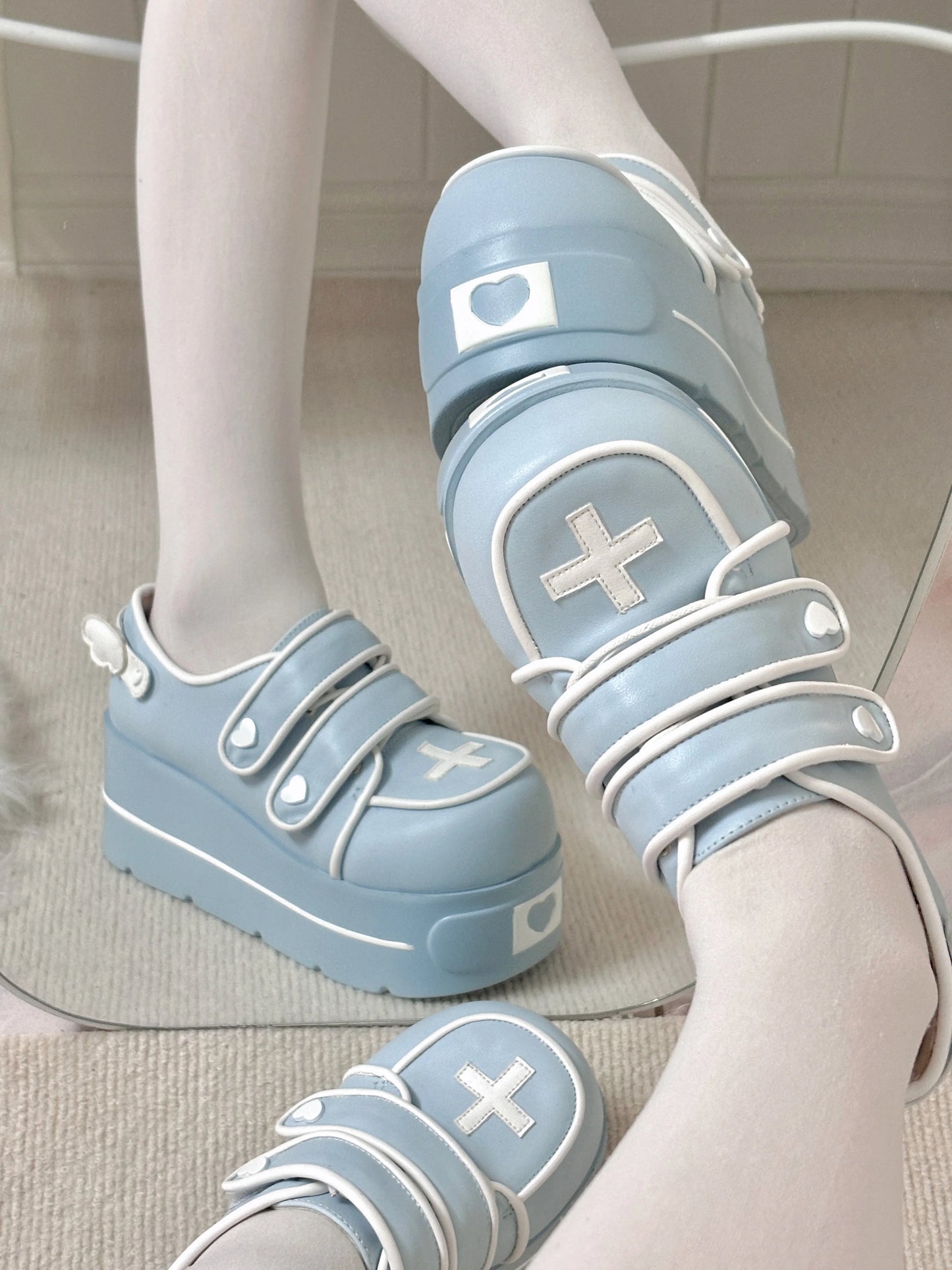 Original Japanese Cute Cross Print Thick-soled Muffin Shoes Subculture Sweet Cool Girl Round Head Pu Leather High Heels Women